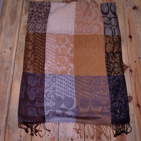 Coach Accessories - Coach Monogram Silk & Pashmina Black & Brown Scarf
